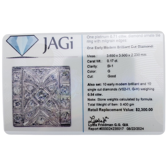 Platinum and Diamond Tile Ring with Milgrain Edges Size 6.5 #18860 - Picture 8 of 8